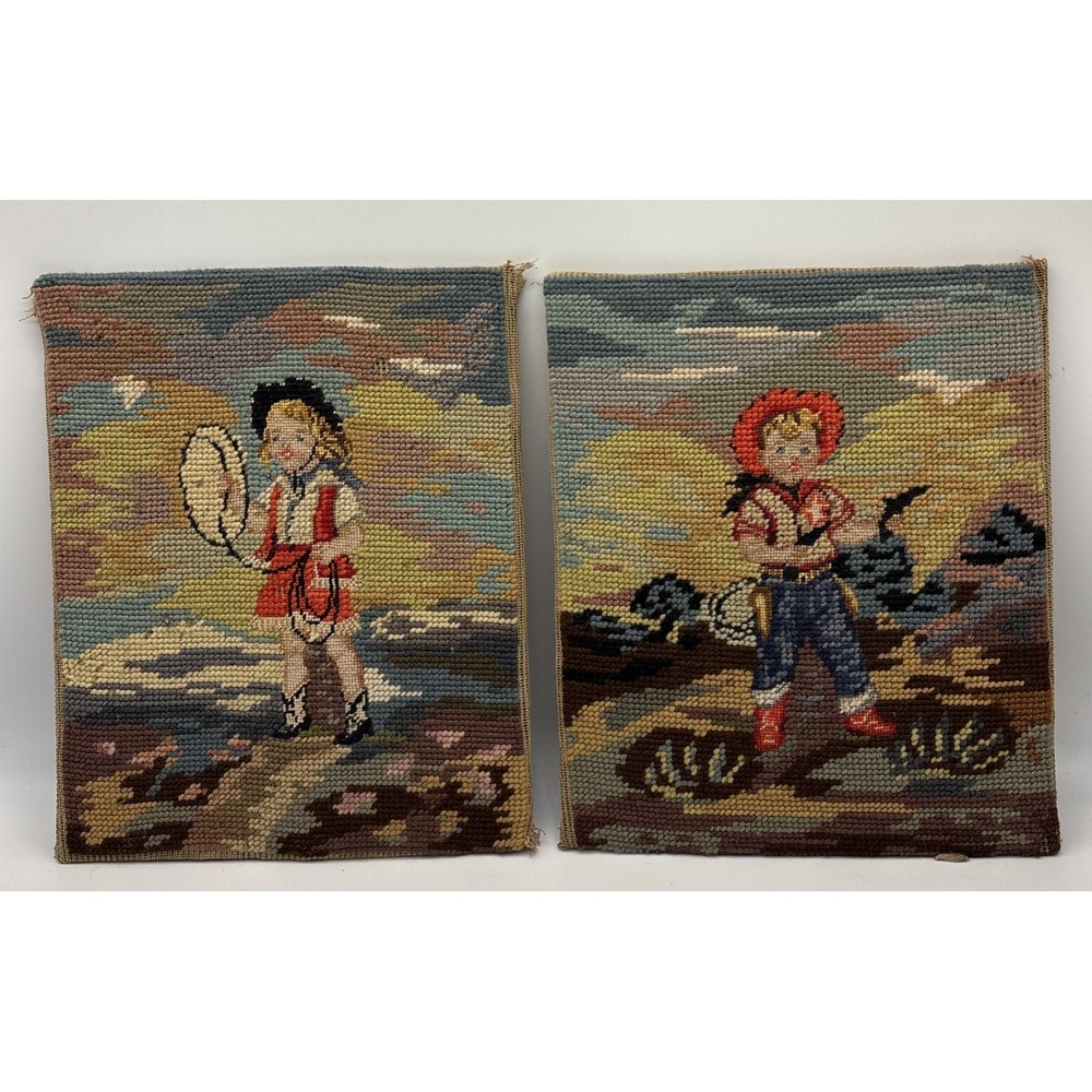 Vintage Embroidered Picture Children Cowboy Cowgirl Western Set Of 2